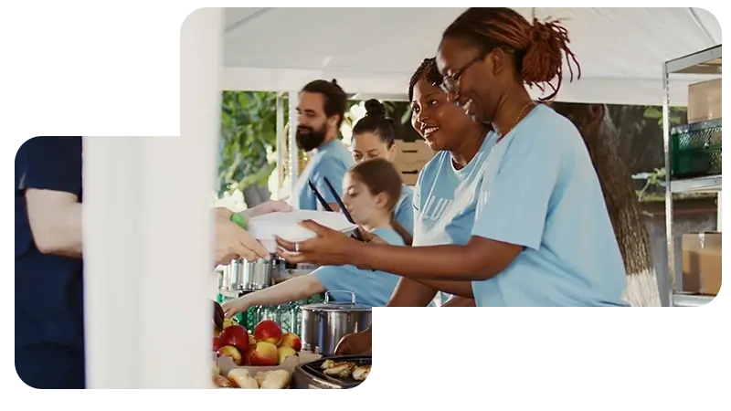 people serving food to others, non-profit business